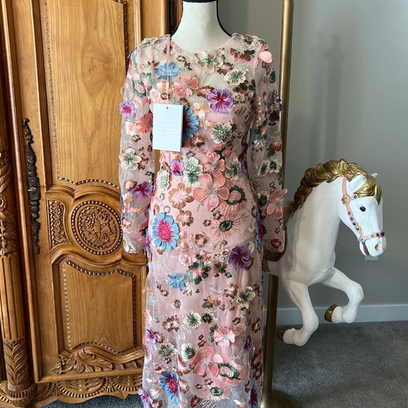 Mac Duggal [2] 68776 Floral Embroidered 3D Flowers Midi Long Sleeve Pink Dress - Picture 1 of 7